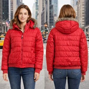 Polo‎ Ralph Lauren Red Down Puffer Jacket Faux Fur Hood Women's L